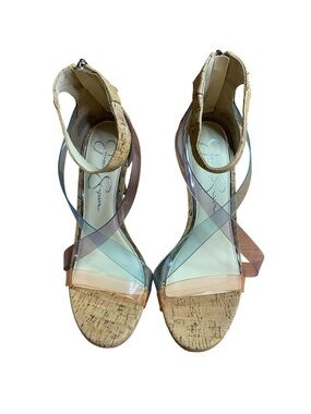 Jessica Simpson JP-Dalechi Cork & Clear Strap Stiletto Heels Sandals - Size 7.5M